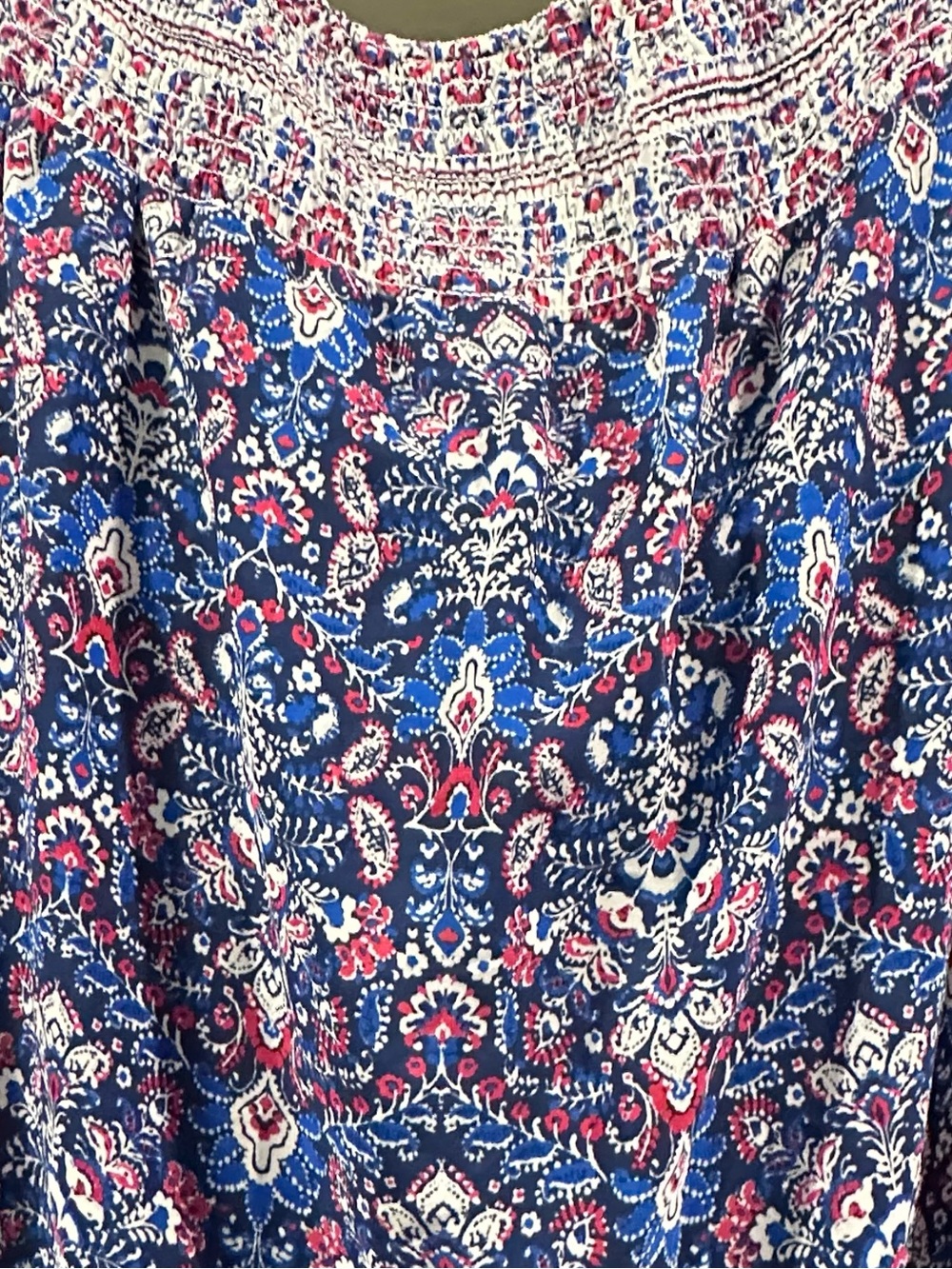 Alyx Women’s 1X Boho Peasant Blouse Blue Red Paisley Smocked Off Shoulder NWT - Picture 14 of 15